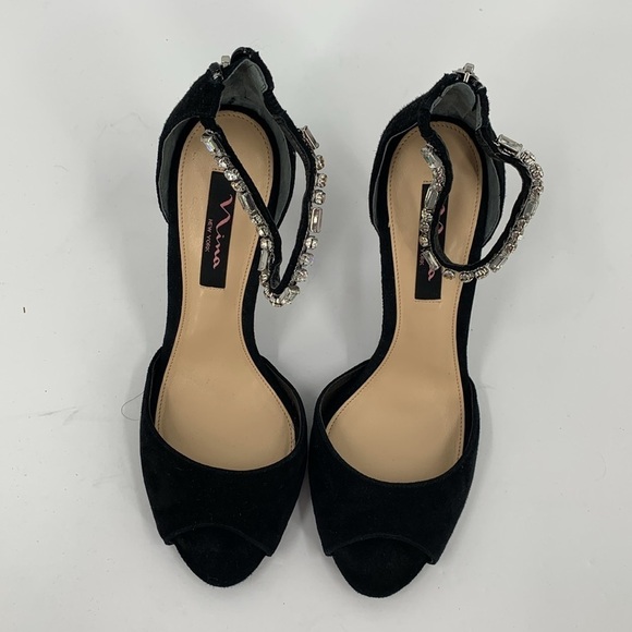 Nina black suede sandal heel shoe peeptoe clear crystal ankle strap formal 8.5 - Picture 4 of 6